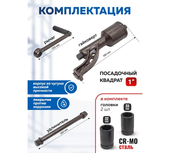 Гайковерт ручной с редуктором Forsage головки 32, 33 мм, длина 330 мм, передаточное число 1:78, 7500 Н/м F-34114103 HS(59989)