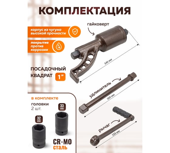 Гайковерт ручной с редуктором FORSTIME 1" головки 32, 33 мм, длина 310 мм, передаточное число 1:68, 6200 Н/м FT-3411389 HS(59997)