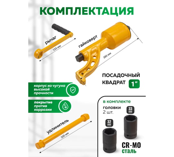 Гайковерт ручной с редуктором Rockforce головки 32, 33 мм, длина 330 мм, передаточное число 1:78, 7500 Н/м) RF-34114102 HS(59985)