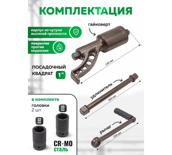 Гайковерт ручной с редуктором Rockforce 1" головки 32, 33 мм, длина 310 мм, передаточное число 1:68, 6200 Н/м RF-3411389 HS(59995)