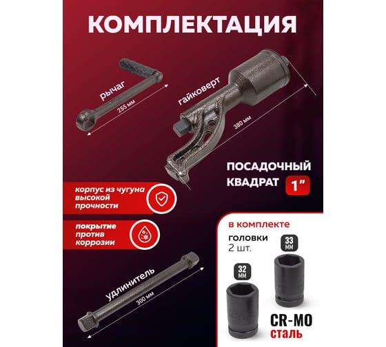 Гайковерт ручной с редуктором YATAFORCE головки 32, 33 мм, длина 330 мм, передаточное число 1:78, 7500 Н/м YF-34114103 HS(59993)