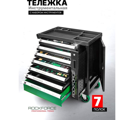 Тележка инструментальная 7-ми полочная Rockforce с набором инструментов 274+12пр. и дополнительной боковой секцией RF-55300+12(60398)