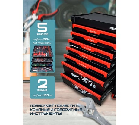 Инструментальная тележка Great Wolf 7 ящиков, увеличенные колеса с тормозом, ЦЗ, усиленная, GW-7ST Black