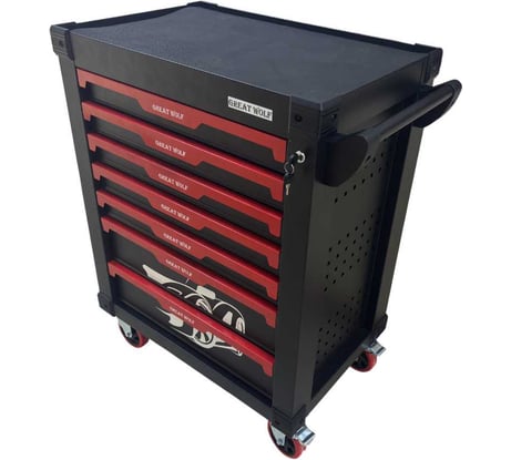 Инструментальная тележка Great Wolf 7 ящиков, увеличенные колеса с тормозом, ЦЗ, усиленная, с инструментом 249шт, GW-7ST1 Black