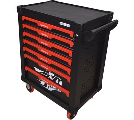 Инструментальная тележка Great Wolf 7 ящиков, увеличенные колеса с тормозом, ЦЗ, усиленная, с инструментом 324шт GW-7ST2 Black