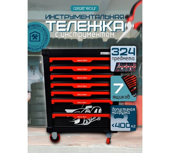 Инструментальная тележка Great Wolf 7 ящиков, увеличенные колеса с тормозом, ЦЗ, усиленная, с инструментом 324шт GW-7ST2 Black