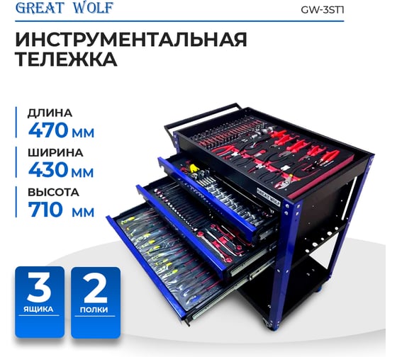 Инструментальная тележка Great Wolf 3 ящика, 2 полки, с инструментом 249шт, GW-3ST1 Blue