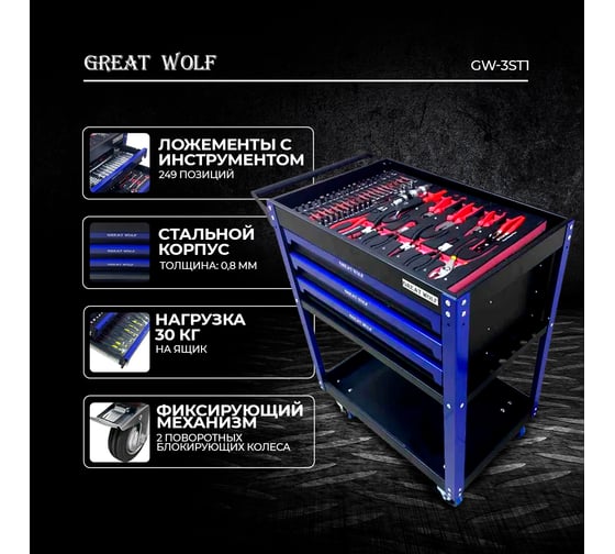 Инструментальная тележка Great Wolf 3 ящика, 2 полки, с инструментом 249шт, GW-3ST1 Blue
