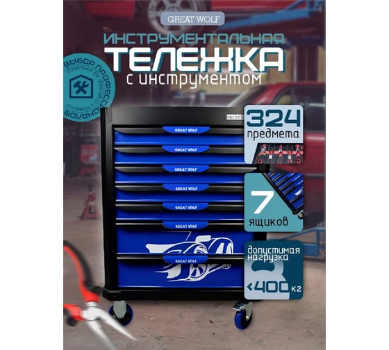 Инструментальная тележка Great Wolf 7 ящиков, увеличенные колеса с тормозом, ЦЗ, с инструментом, 324 шт GW-7ST2 Blue