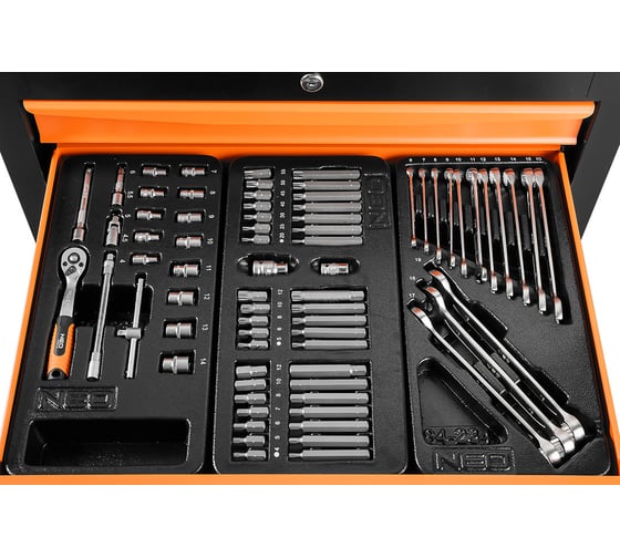 Шкаф для мастерской, 7 ящиков + 129 инструментов. NEO Tools 84-222