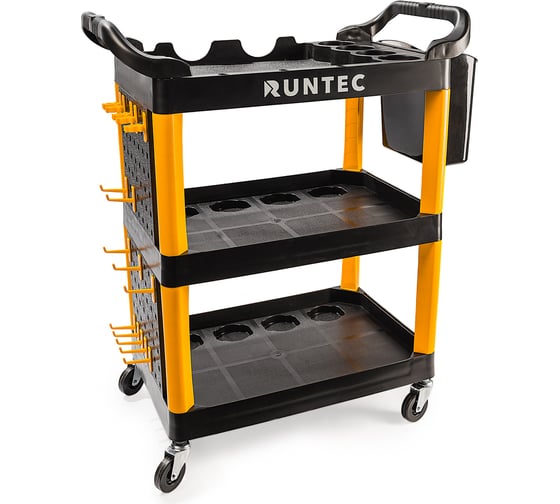 Тележка с тремя открытыми полками RUNTEC перфорированная боковина с крючками, черная RT-PP3 1