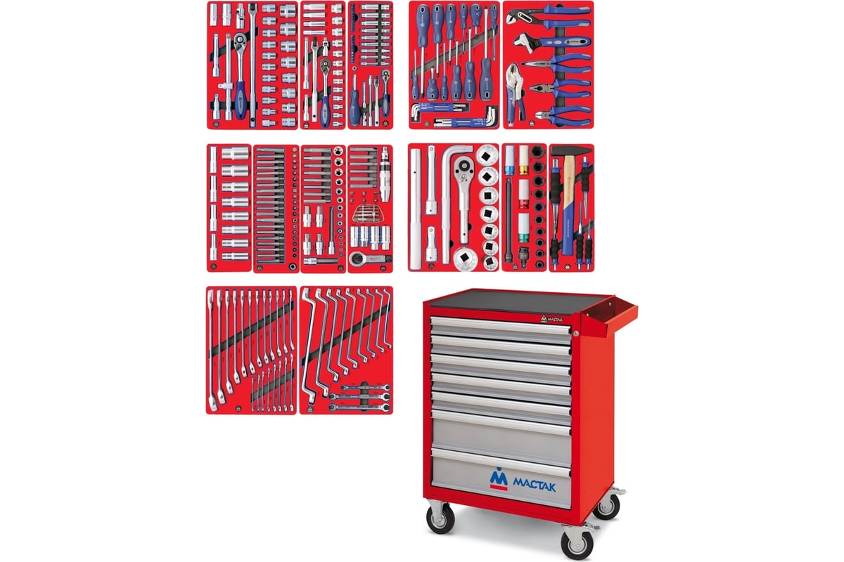  инструментов в красной тележке МАСТАК ПРОФИ 299 предметов 52 .