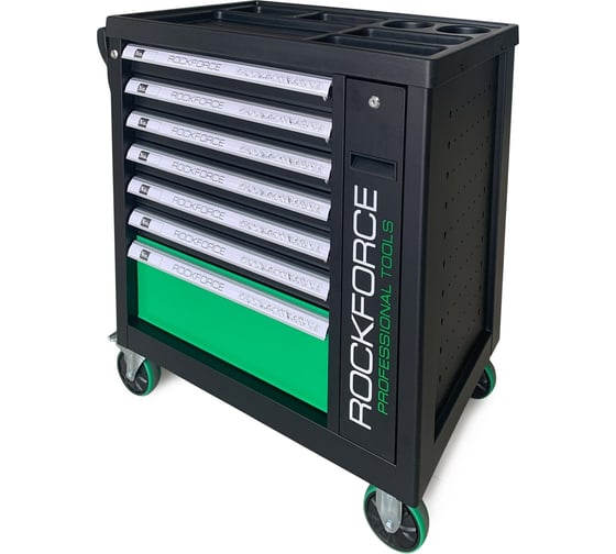 Инструментальная тележка ROCKFORCE 7 секций, с дополнительной боковой секцией, зеленая RF-55299