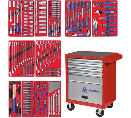 Набор инструментов МАСТЕР 205 предметов МАСТАК 52-04205R в красной тележке