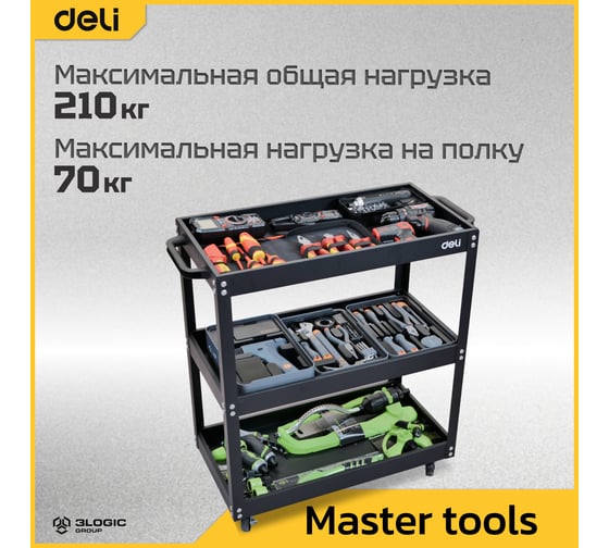 Тележка DELI DL433023 инструментальная трехсекционная на колесах 700x350x760мм (до 210кг, толщина полки 0,7мм, толщина стойки 1,2мм) 123205