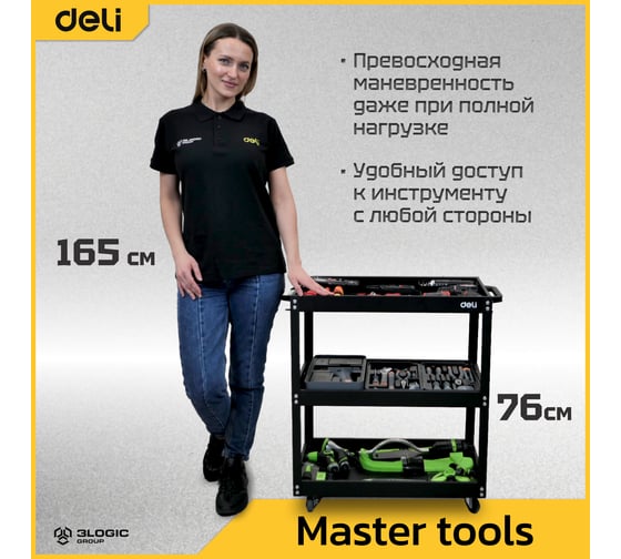 Тележка DELI DL433023 инструментальная трехсекционная на колесах 700x350x760мм (до 210кг, толщина полки 0,7мм, толщина стойки 1,2мм) 123205