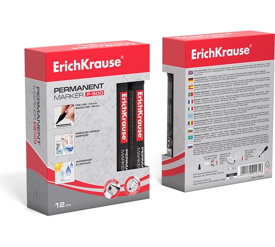 Перманентный маркер ErichKrause P-500, цвет чернил черный, 12 шт. в упаковке 30990