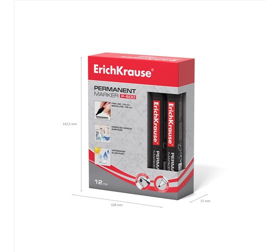 Перманентный маркер ErichKrause P-500, цвет чернил черный, 12 шт. в упаковке 30990