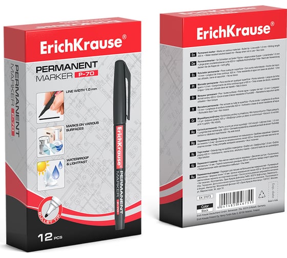 Перманентный маркер ErichKrause P-70, цвет чернил черный, 12 шт. в упаковке 37073