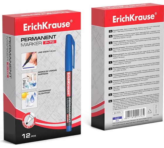 Перманентный маркер ErichKrause P-70, цвет чернил синий, 12 шт. в упаковке 37074