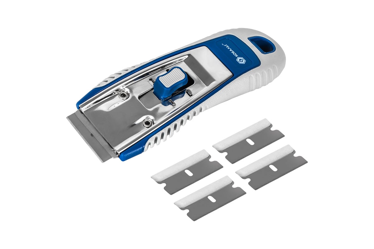 Скребок КОБАЛЬТ строительный, для глад. пов-й, лезвие 39мм, корпус из AБС  пластика, мет. напр-я, 5 лезвий в компл., блистер 916-707