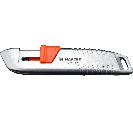 Нож HARDEN закрытый профессиональный, 18 мм, выдвижное трапециевидное лезвие, цельноалюминиевый 570325