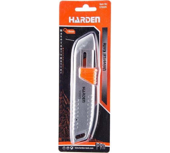 Нож HARDEN закрытый профессиональный, 18 мм, выдвижное трапециевидное лезвие, цельноалюминиевый 570325