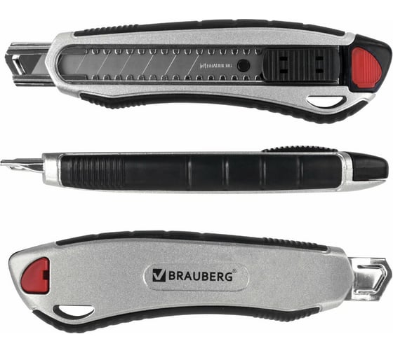 Канцелярский нож BRAUBERG мощный, 18 мм, Heavy duty, автофиксатор, резиновые вставки, металл 237158
