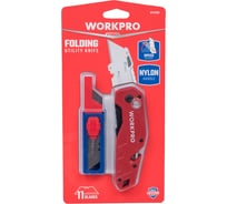 Нож складной быстросменный WORKPRO с нейлоновой рукояткой, 10 трапециевидных лезвий, красный WP211018