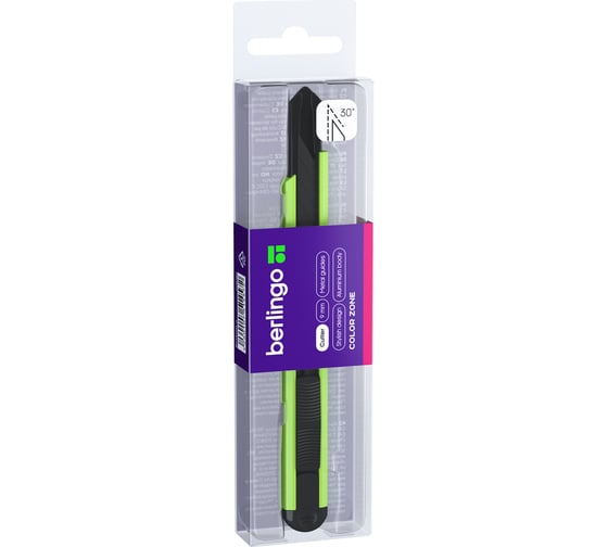 Нож канцелярский BERLINGO 9мм Color Zone, черное лезвие, auto-lock, металл. направл., BM4120_e