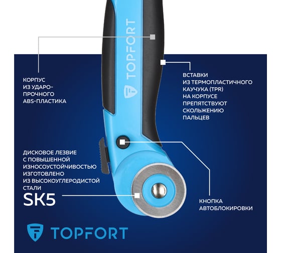 Нож Topfort раскройный дисковый D28 мм, пластик, лезвие SK5, блистер 1960447