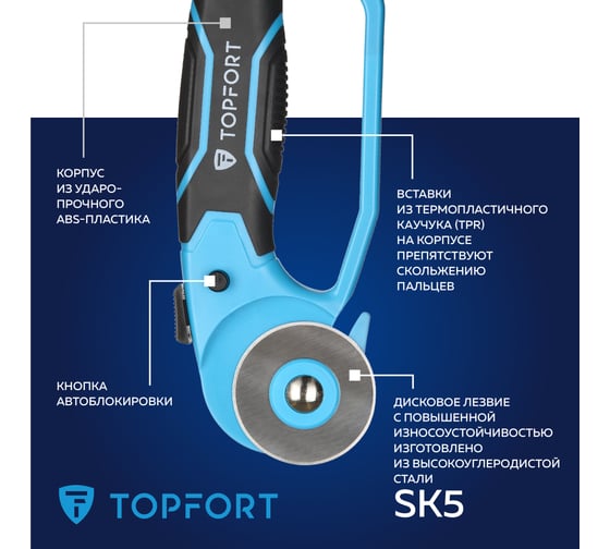Нож Topfort раскройный дисковый D45 мм, пластик, лезвие SK5, блистер 1960445