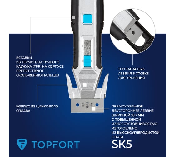 Нож Topfort для коробок 18.7мм 2в1, +3 зап лезвия, корпус металл+пластик, лезвие SK5, блистер 1959134