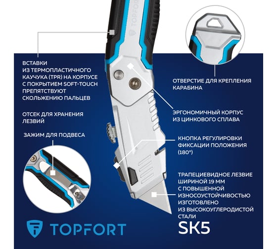 Нож Topfort складной хозяйственный 19мм, корпус металл+пластик, +2 зап лезвия, SK5, блистер 1960428