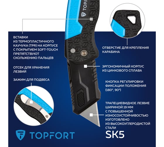 Нож Topfort складной 19 мм, корпус металл+пластик, +2 зап лезвия, SK5, блистер 1960429