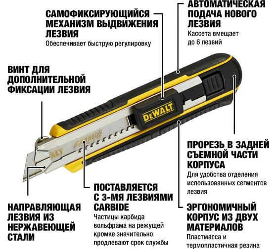 Нож с сегментированным лезвием DEWALT 18мм, кассетный DWHT0-10249