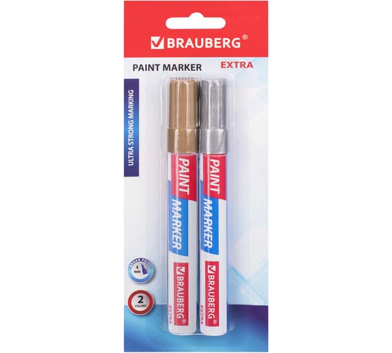 Лаковый маркер-краска BRAUBERG EXTRA paint marker 4 мм, НАБОР 2 цвета, золотой/серебряный, 151997 1