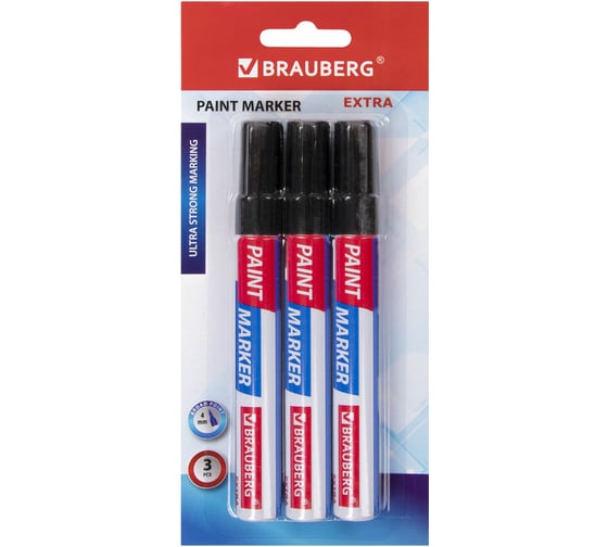 Лаковый маркер-краска BRAUBERG EXTRA paint marker 4 мм, черные, набор 3 шт., 151999