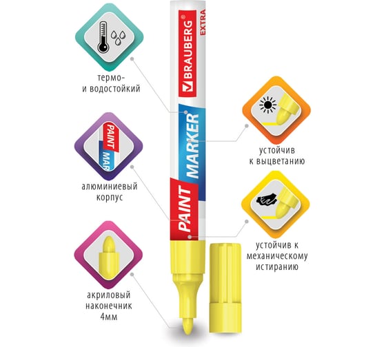 Лаковый маркер-краска BRAUBERG EXTRA paint marker 4 мм, желтый, улучшенная нитро-основа 151984