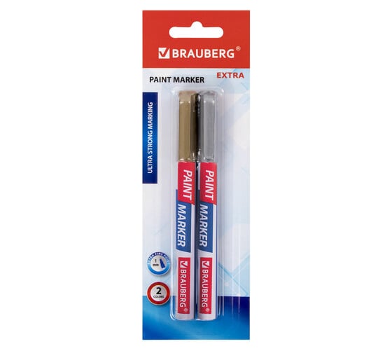 Лаковый маркер-краска BRAUBERG EXTRA paint marker 1 мм, НАБОР 2 цвета, золотой/серебряный, 151989