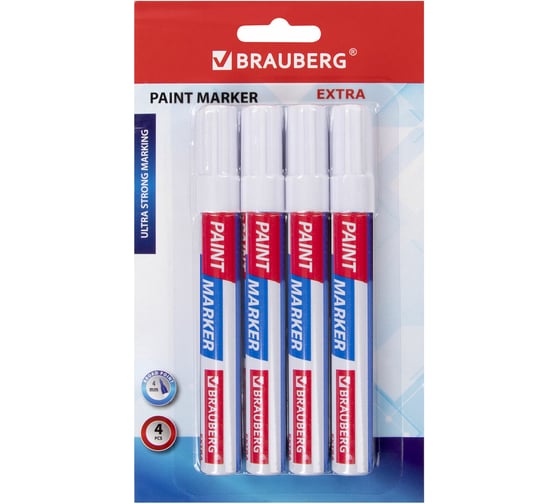 Лаковый маркер-краска BRAUBERG EXTRA paint marker 4 мм, БЕЛЫЕ, НАБОР 4 шт., 152000