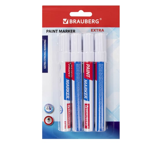 Лаковый маркер-краска BRAUBERG EXTRA paint marker 4 мм, БЕЛЫЕ, НАБОР 4 шт., 152000
