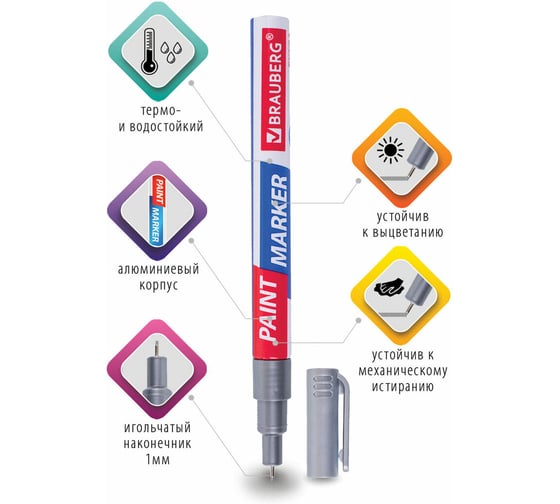 Лаковый маркер-краска BRAUBERG EXTRA paint marker 1 мм, серебряный, улучшенная нитро-основа, 151965