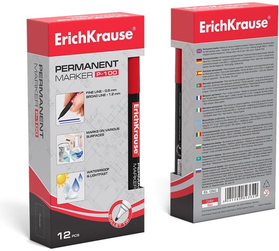 Перманентный маркер ErichKrause P-100 цвет чернил красный, в коробке по 12 шт. 12843
