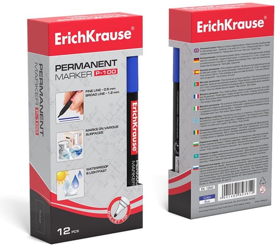 Перманентный маркер ErichKrause P-100 цвет чернил синий, в коробке по 12 шт. 12842