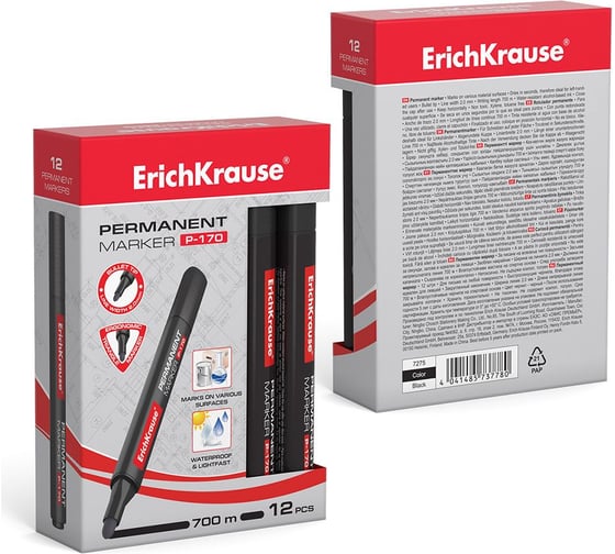 Перманентный маркер ErichKrause P-170 цвет чернил черный, в коробке по 12 шт. 7275