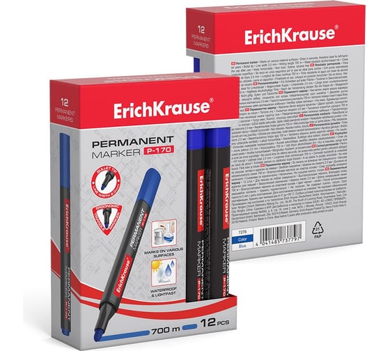 Перманентный маркер ErichKrause P-170 цвет чернил синий, в коробке по 12 шт. 7276