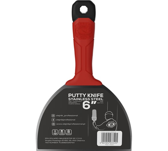 Шпатель малярный Olejnik закал.нерж.сталь 150мм с эргоном.пласт. ручкой, лезвие 1,22-0,4мм 124015-1K