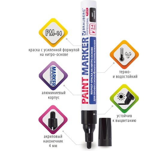 Лаковый маркер-краска BRAUBERG paint marker 4 мм, черный, нитро-основа, алюминиевый 151445