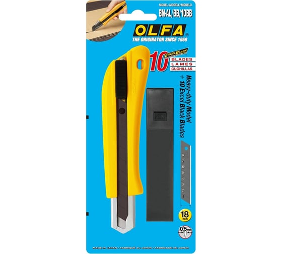 Нож с выдвижным лезвием OLFA 18мм, с автофиксатором, в комплекте с лезвиями 10 шт, OL-BN-AL/BB/10BB
